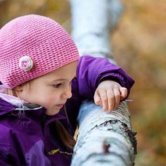 lille pige piller nysgerrigt ved barken på et birketræ